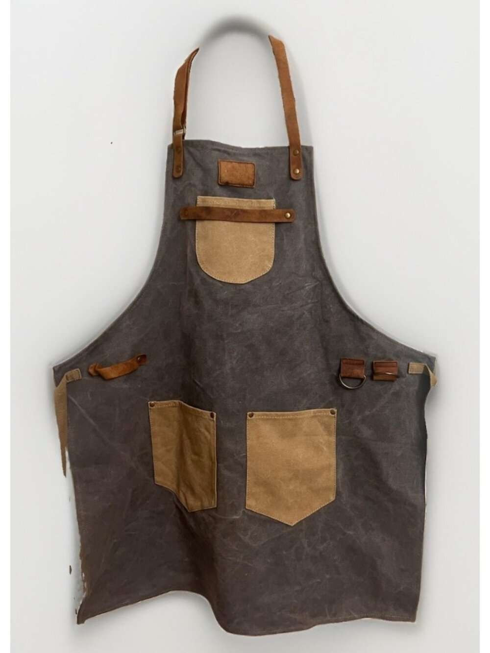 SUPERIOR TRADING CO GREY BROWN LEATHER CANVAS HEAVY DUTY APRON.  Aa